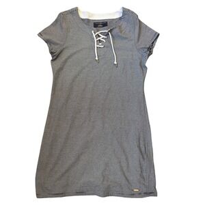 Tommy Hilfiger Women Striped Lace Up Neck Casual L T Shirt Dress Short Sleeve